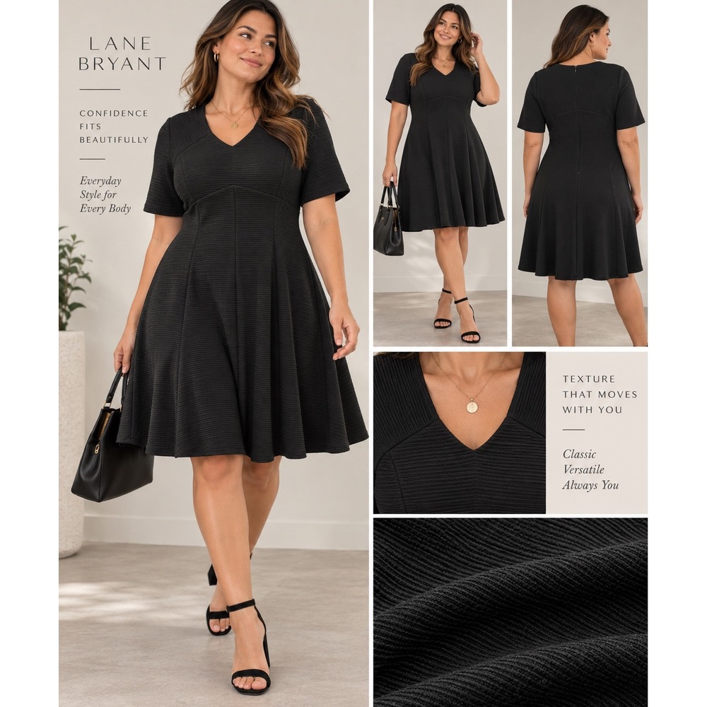 Lane Bryant Black Fit and Flare Ribbed V-Neck Short Sleeve Dress Plus Size 18/20